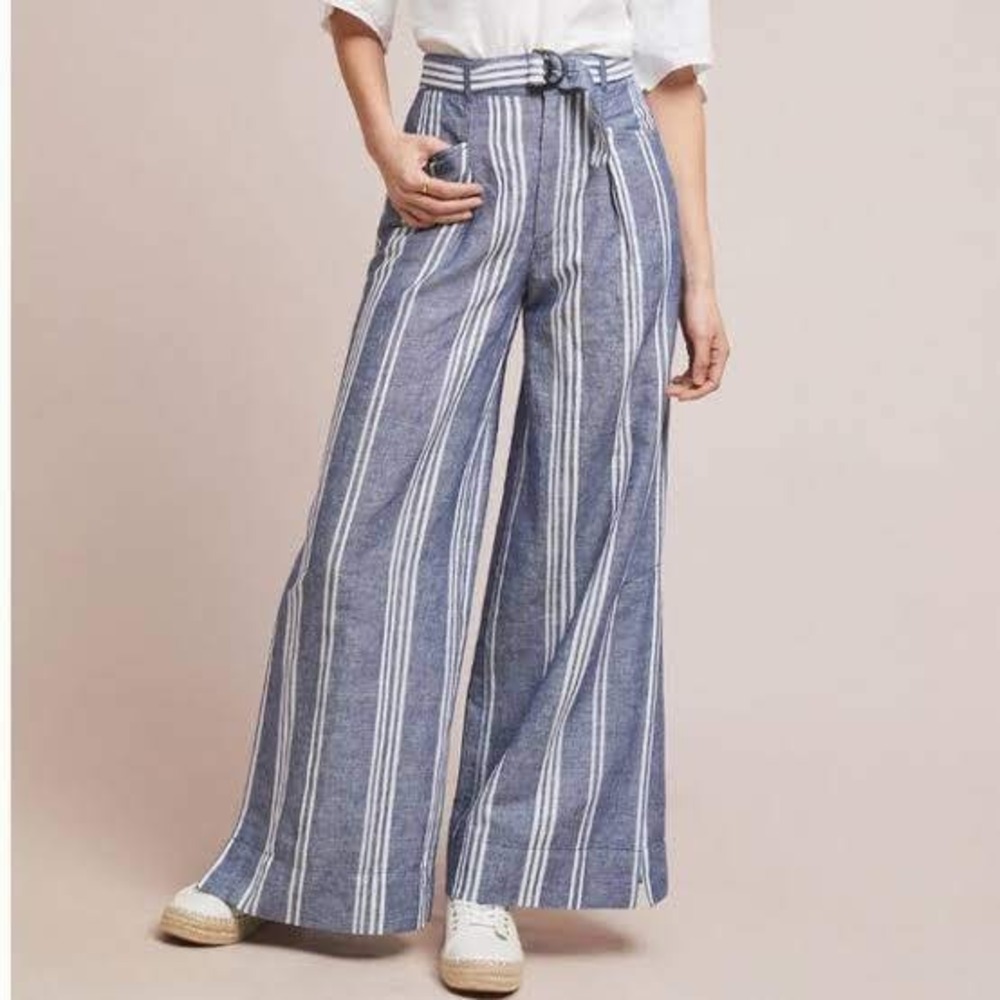 Anthropologie White Blue Stripe Linen Cotton Blend Beachy Wide-Leg Pants Size 10
